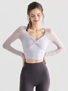 メッシュ切り替え レイヤード風 パッド付き ロングスリーブ ヨガトップス
