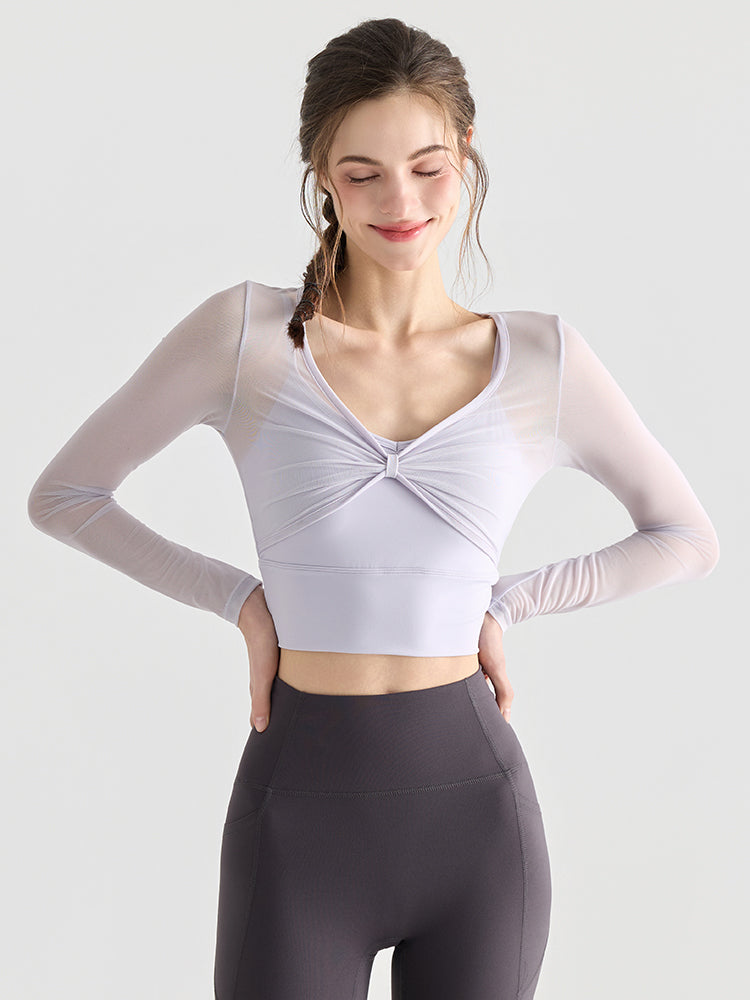 メッシュ切り替え レイヤード風 パッド付き ロングスリーブ ヨガトップス