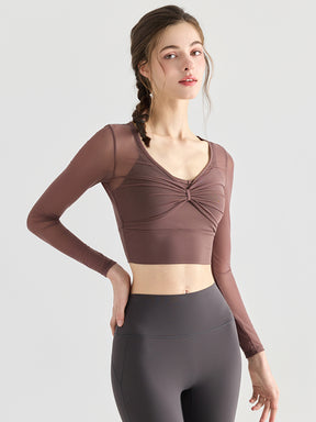 メッシュ切り替え レイヤード風 パッド付き ロングスリーブ ヨガトップス