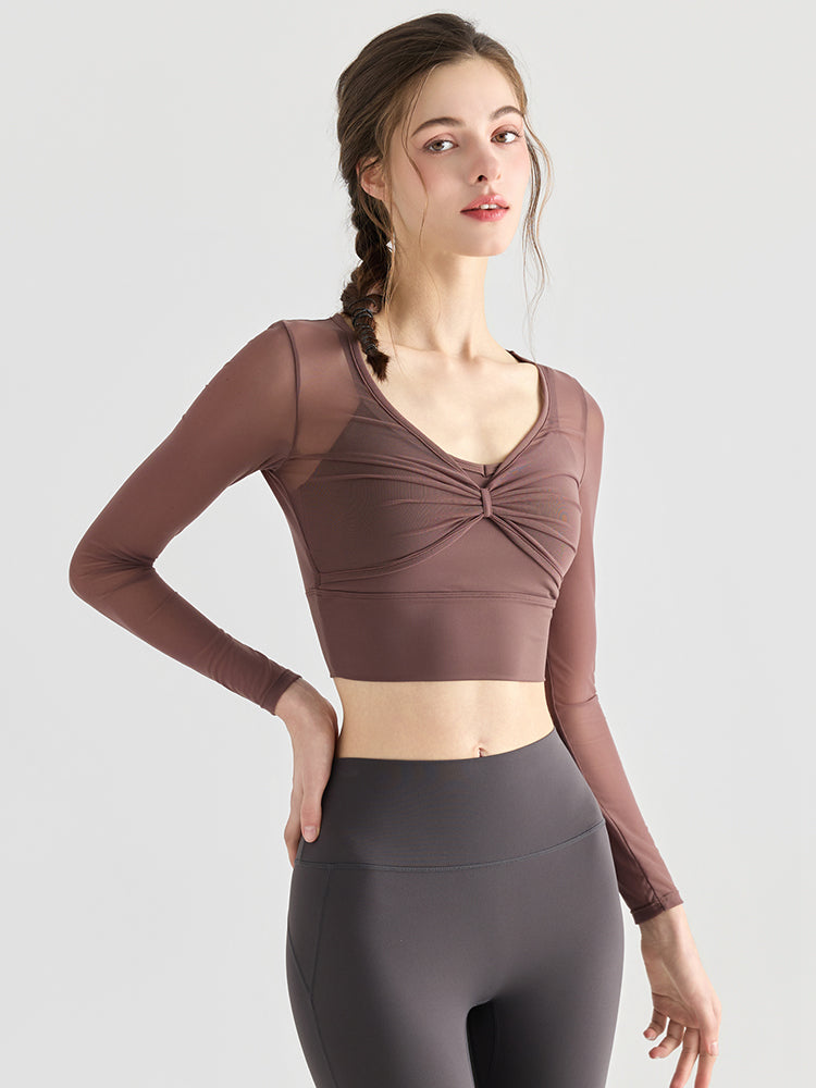 メッシュ切り替え レイヤード風 パッド付き ロングスリーブ ヨガトップス