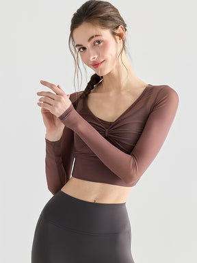 メッシュ切り替え レイヤード風 パッド付き ロングスリーブ ヨガトップス