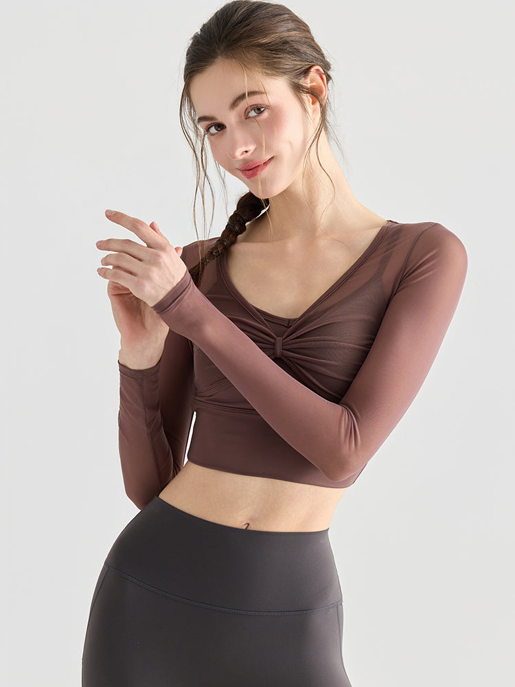 メッシュ切り替え レイヤード風 パッド付き ロングスリーブ ヨガトップス