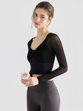 メッシュ切り替え レイヤード風 パッド付き ロングスリーブ ヨガトップス