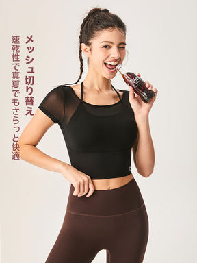 フェイクレイヤード 半袖 ブラパッド付き 背中開き
