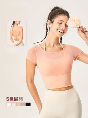 フェイクレイヤード 半袖 ブラパッド付き 背中開き
