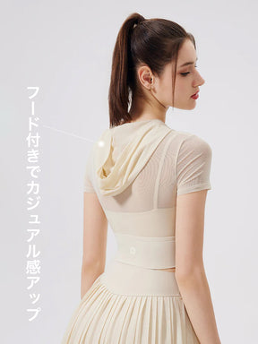 メッシュ切り替え フェイクレイヤード ブラトップ 半袖 フード付き