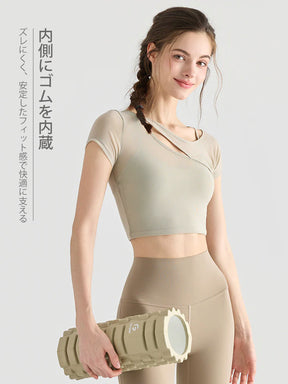 レイヤード メッシュ切り替え バックダブルクロス パッド付き半袖トップス