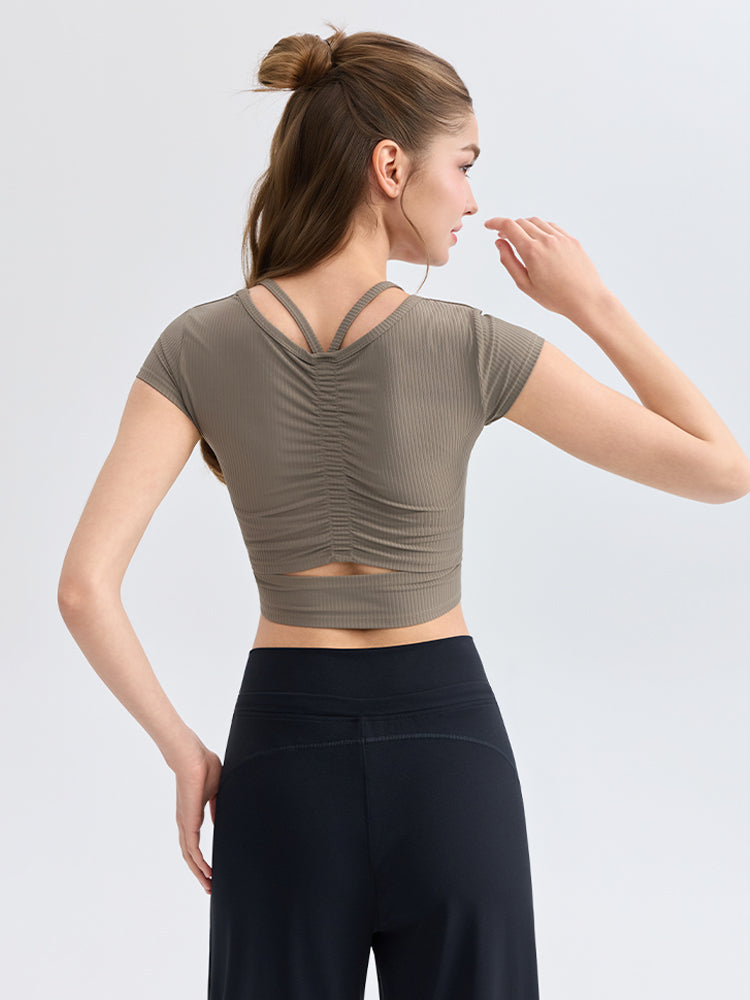 YoRib™ シリーズ ソフトリブ スリムフィット パッド付き ヨガウェア 半袖