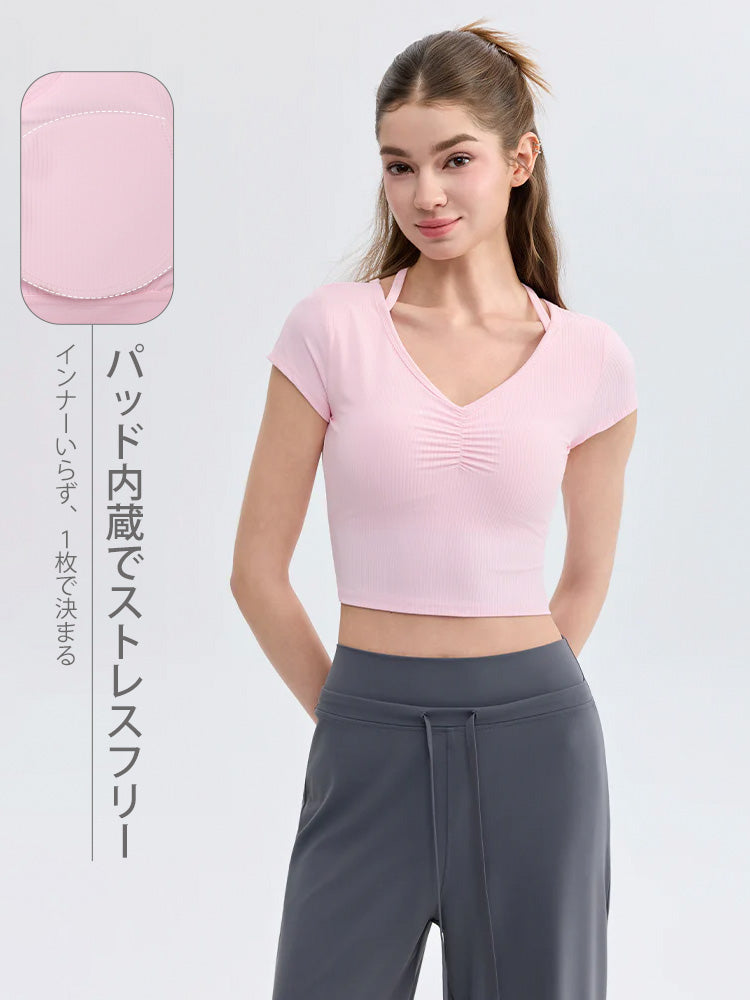 ソフトリブ スリムフィット パッド付き 半袖 ヨガトップス