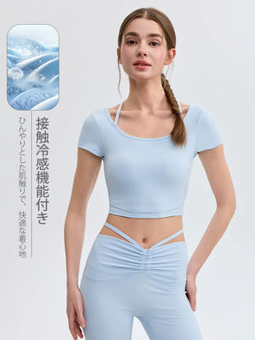 接触冷感 フェイクレイヤード クロップド丈 半袖 ピラティストップス