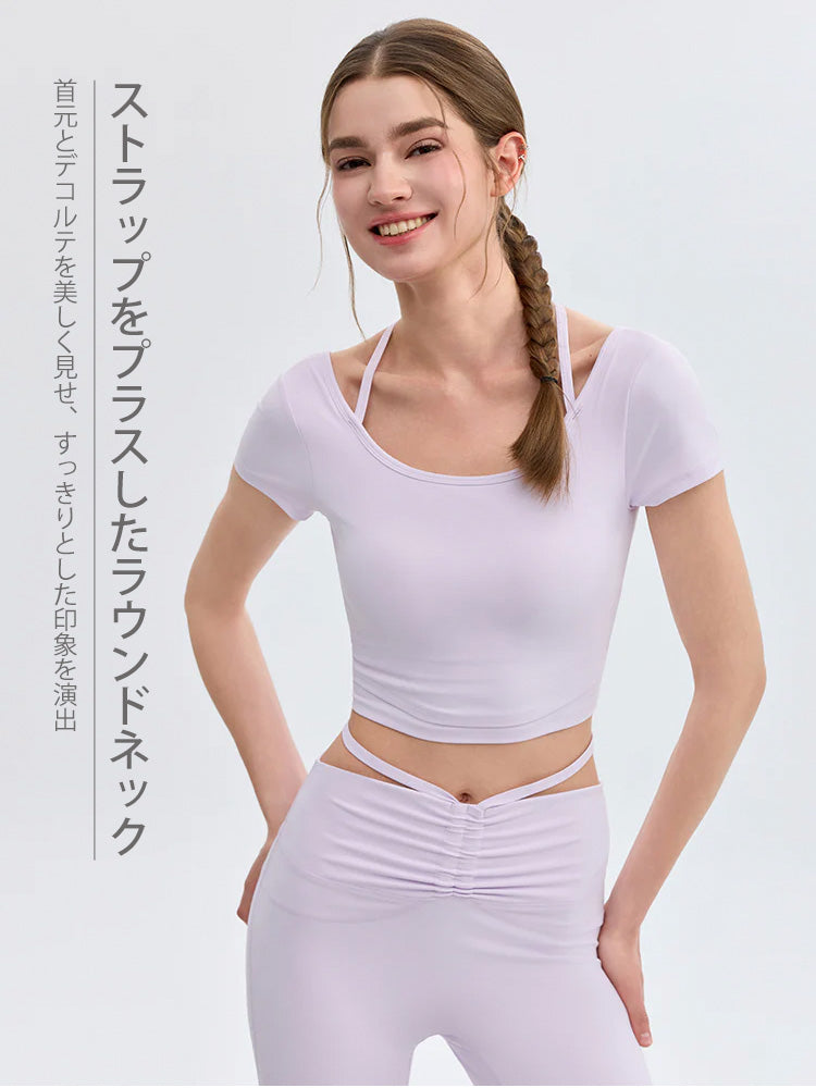 接触冷感 フェイクレイヤード クロップド丈 半袖 ピラティストップス