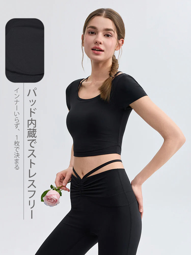 接触冷感 フェイクレイヤード クロップド丈 半袖 ピラティストップス