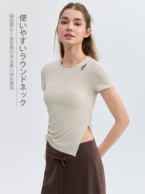 7A抗菌 アシンメトリー スリット入り 半袖 ヨガウェア レディース