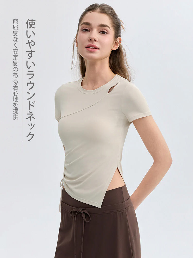 7A抗菌 アシンメトリー スリット入り 半袖 ヨガウェア レディース