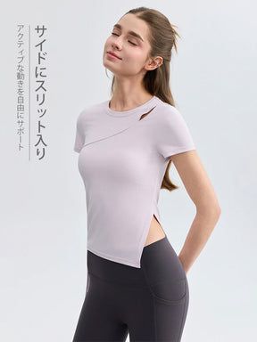 7A抗菌 アシンメトリー スリット入り 半袖 ヨガウェア レディース