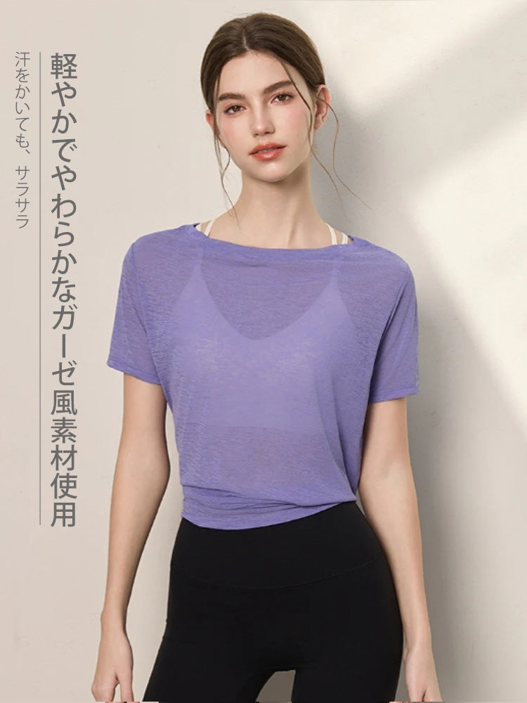2WAY 速乾 通気性 ヨガTシャツ 半袖 レディース