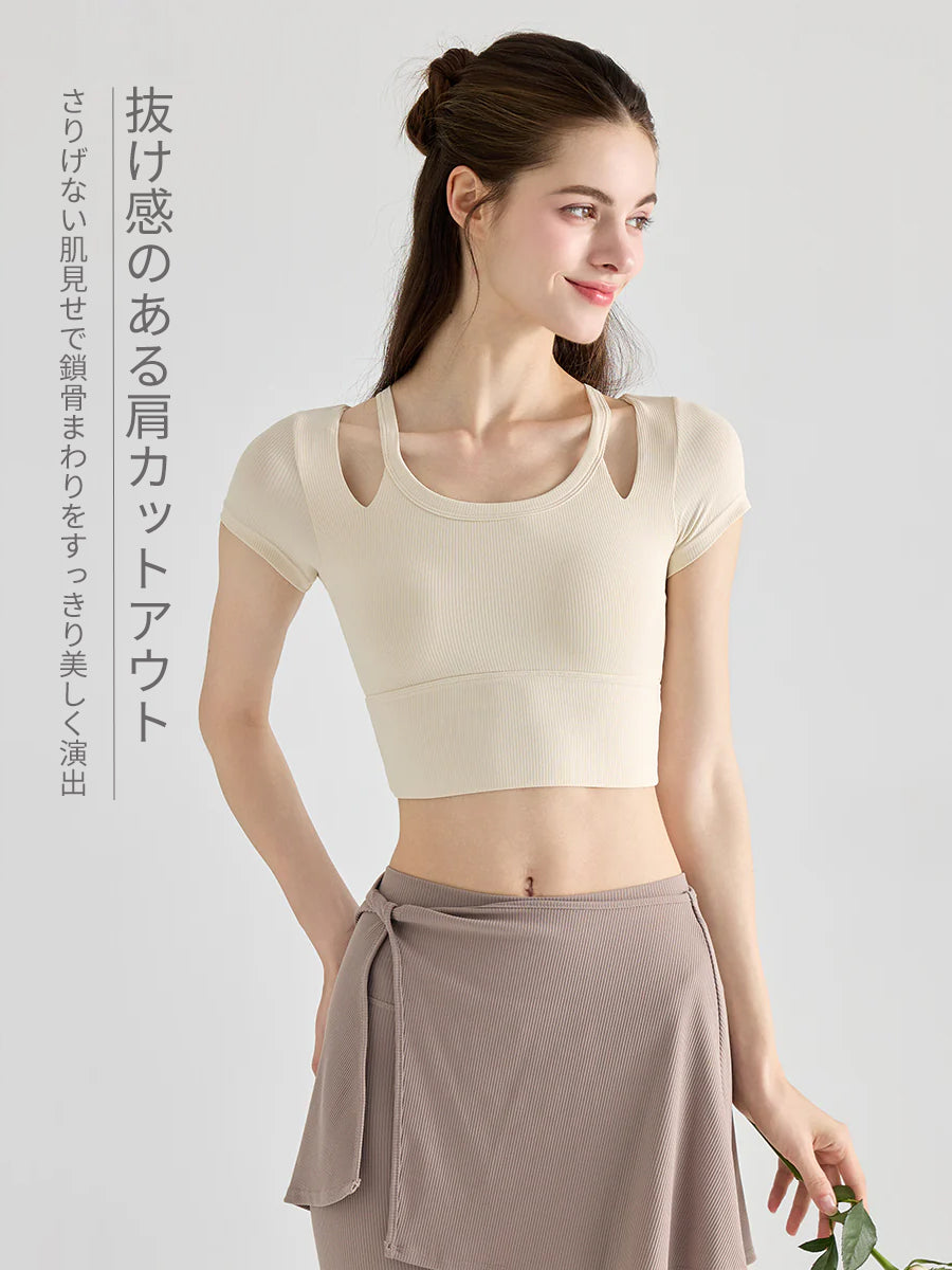 YoRib™ リブ素材 カップ付き 半袖ヨガトップス レイヤード風 ショート丈
