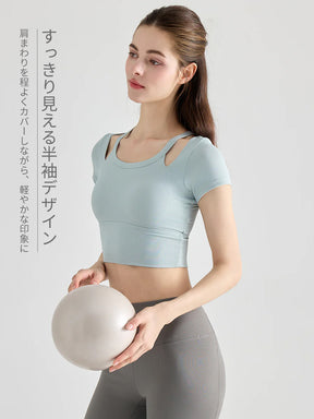 YoRib™ リブ素材 カップ付き 半袖ヨガトップス レイヤード風 ショート丈