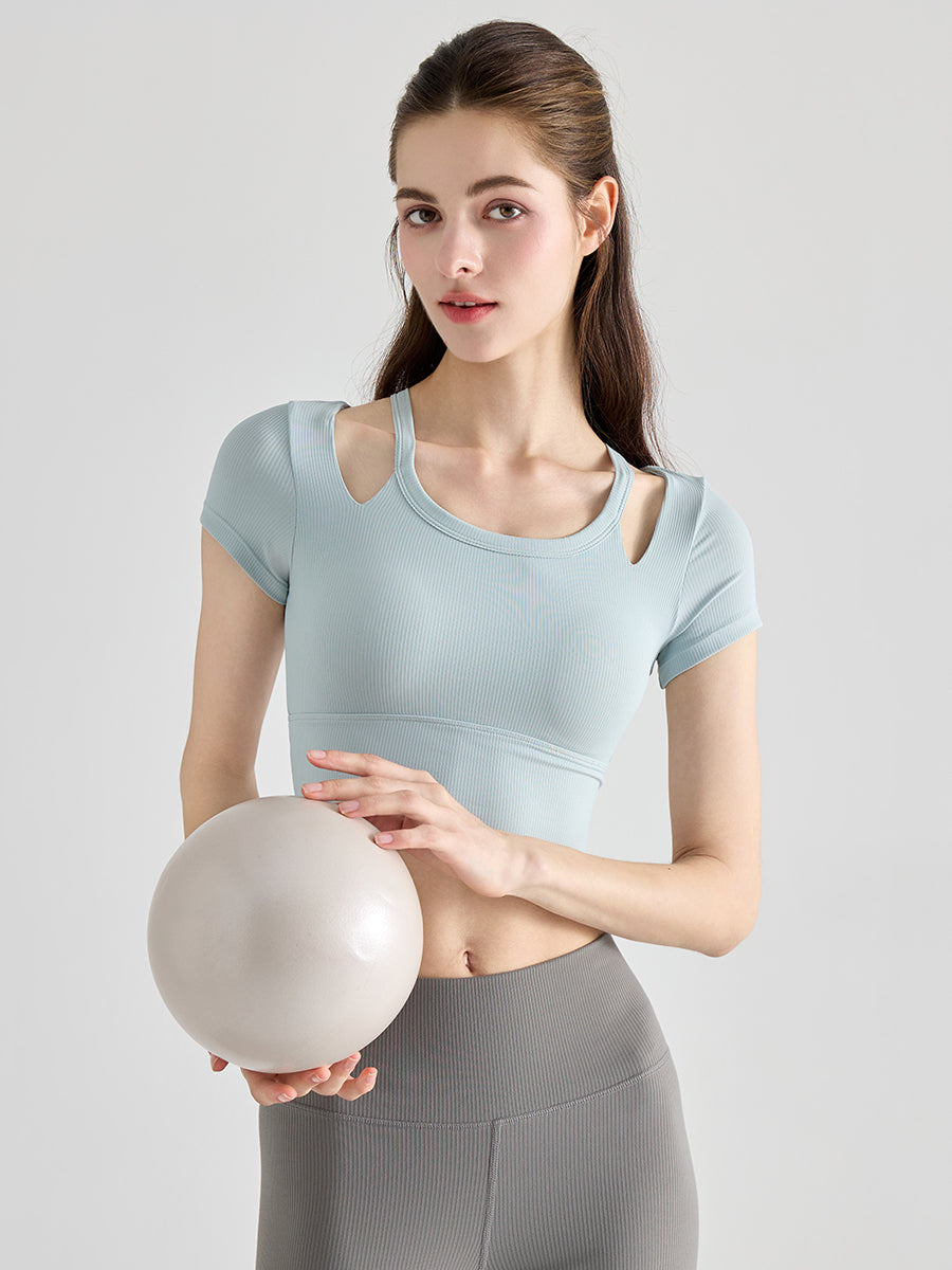 YoRib™ シリーズ カップ付き 半袖 ヨガトップス レイヤード風 ショート丈 ストレッチ