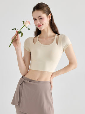 YoRib™ シリーズ カップ付き 半袖 ヨガトップス レイヤード風 ショート丈 ストレッチ