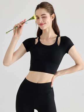 YoRib™ シリーズ カップ付き 半袖 ヨガトップス レイヤード風 ショート丈 ストレッチ