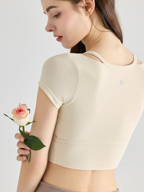 YoRib™ シリーズ カップ付き 半袖 ヨガトップス レイヤード風 ショート丈 ストレッチ
