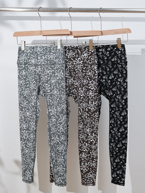 美脚見え ハイウエスト 花柄 ストレッチ レギンス グレー