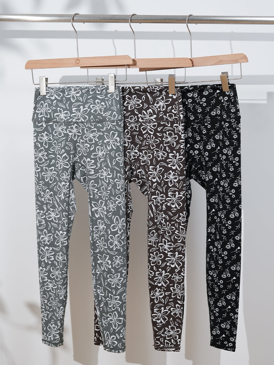 美脚見え ハイウエスト 花柄 ストレッチ レギンス グレー