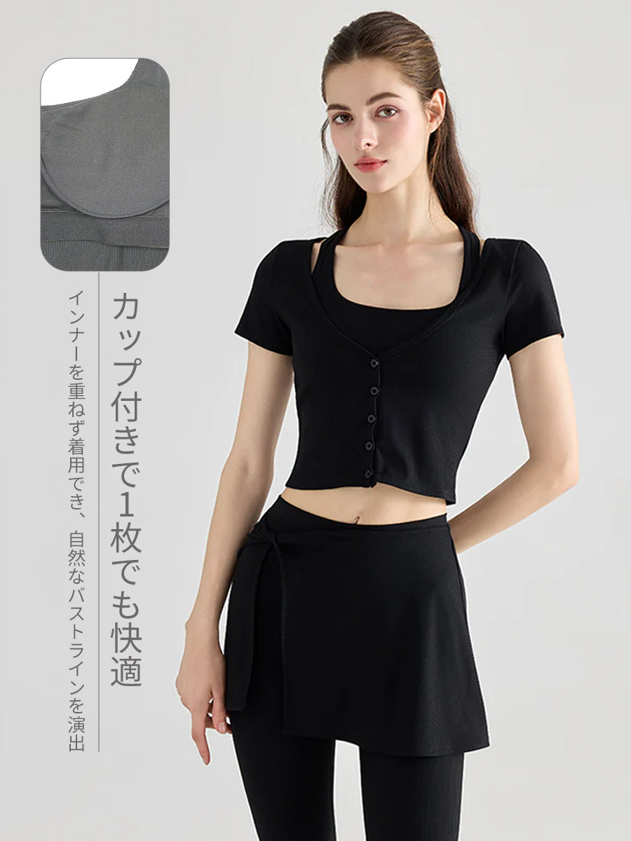 YoRib™ リブ素材 カップ付き 半袖ヨガトップス レイヤード風 ショート丈