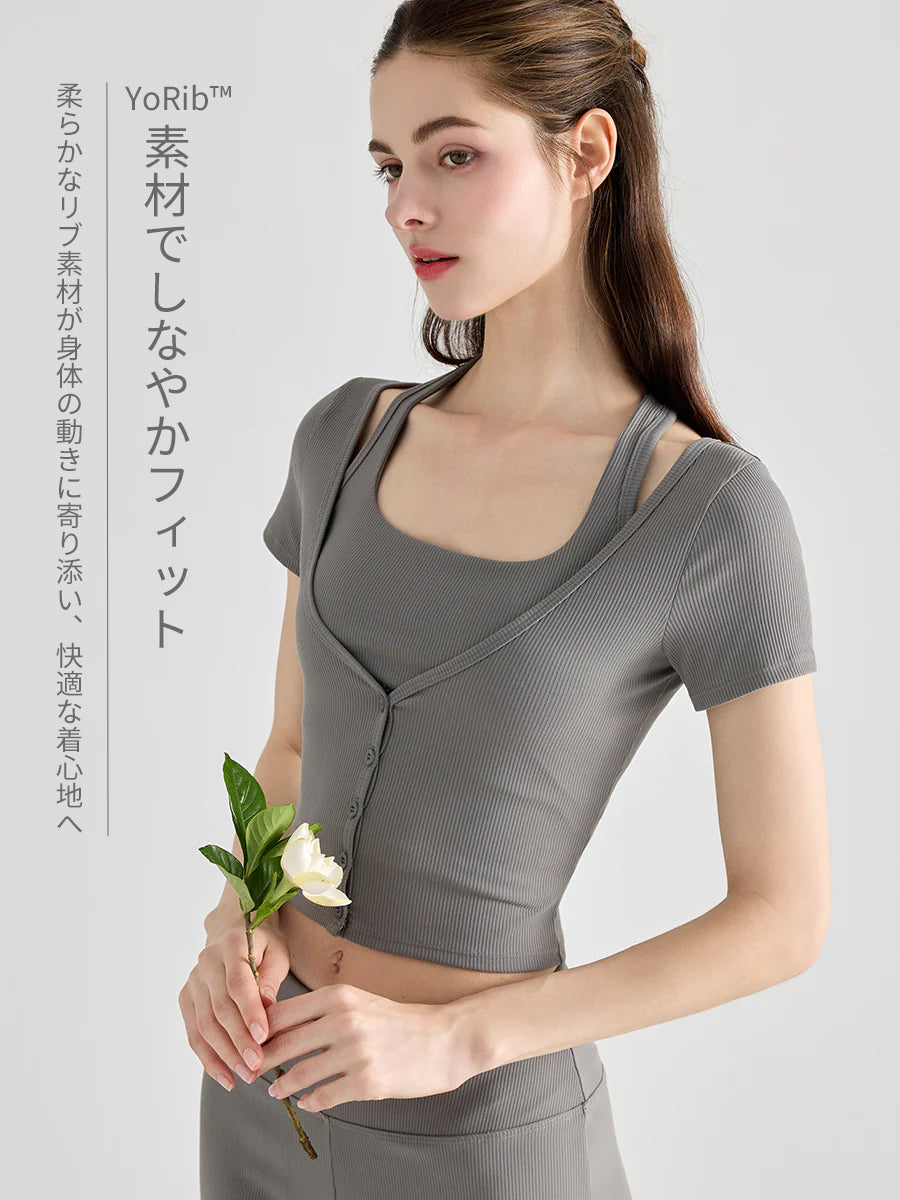 YoRib™ シリーズ カップ付き タンクトップ＆ショート丈半袖カーディガン 2点セット