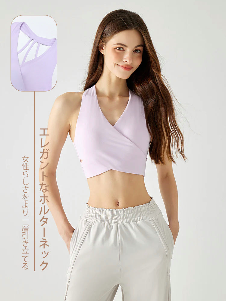背中見せデザインのVネックホルターネックブラトップ