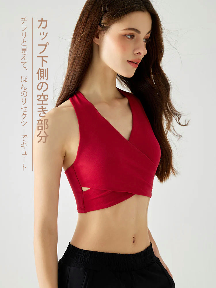 背中見せデザインのVネックホルターネックブラトップ