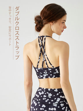 小花柄の背中見せホルターネックスポーツブラ