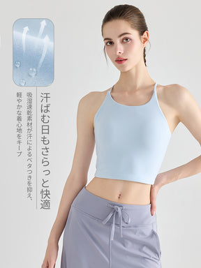 吸湿速乾素材を使用した美背クロスバックのカップ付きヨガキャミソール