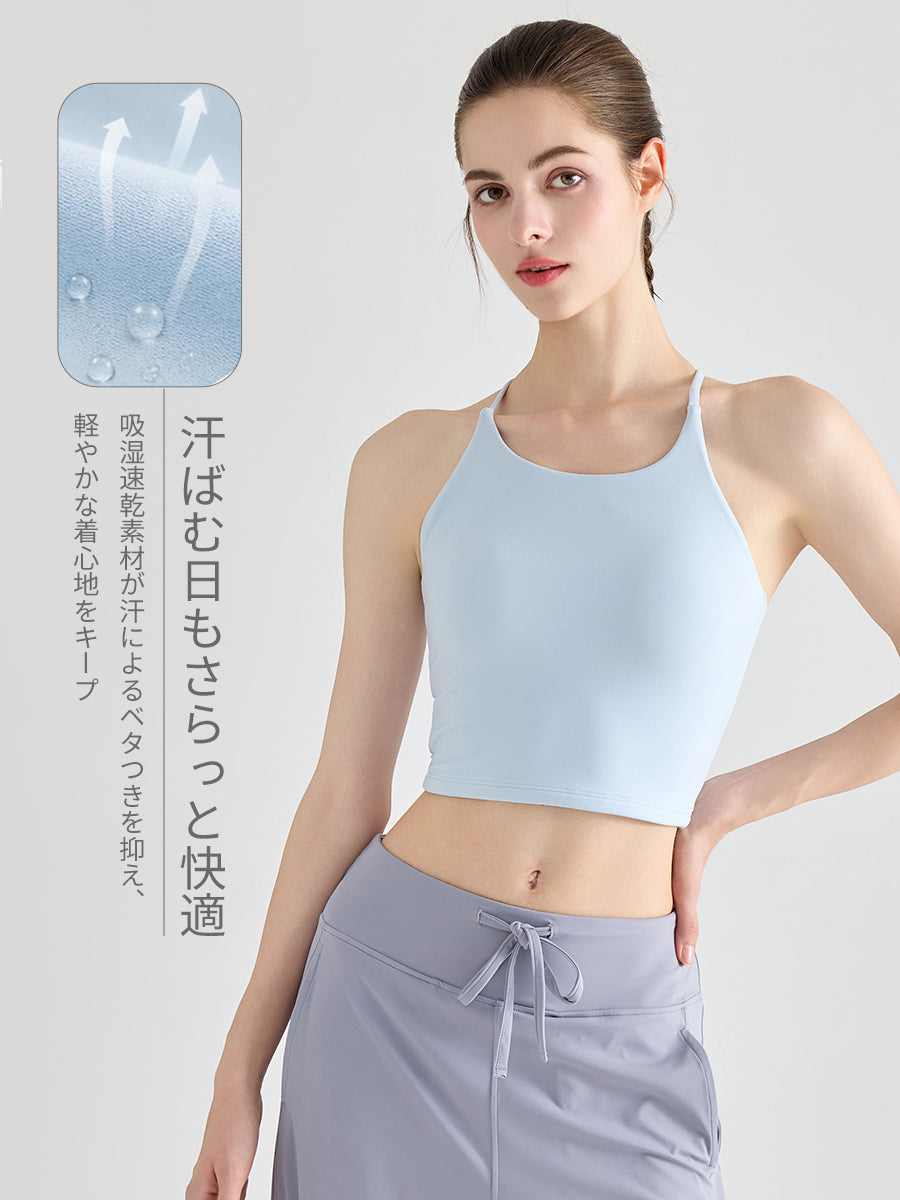 吸湿速乾素材を使用した美背クロスバックのカップ付きヨガキャミソール