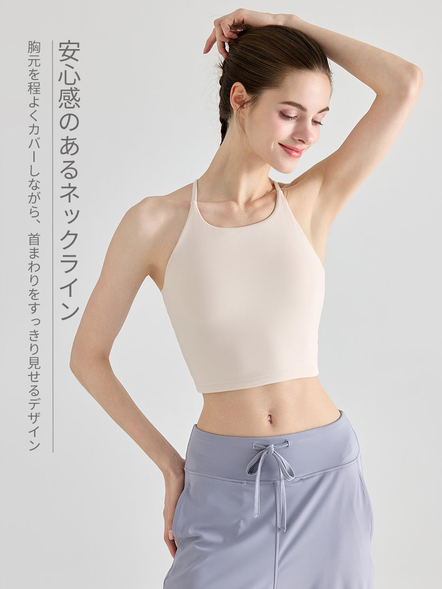 吸湿速乾素材を使用した美背クロスバックのカップ付きヨガキャミソール