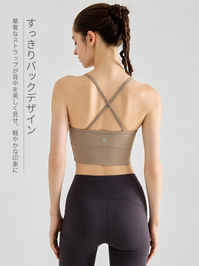 フロントギャザー 細ストラップ 美背 パッド付き スポーツブラ ヨガウェア