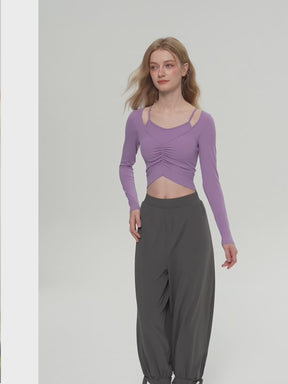 7A抗菌 速乾 フェイクレイヤード カップ付き ギャザー 長袖