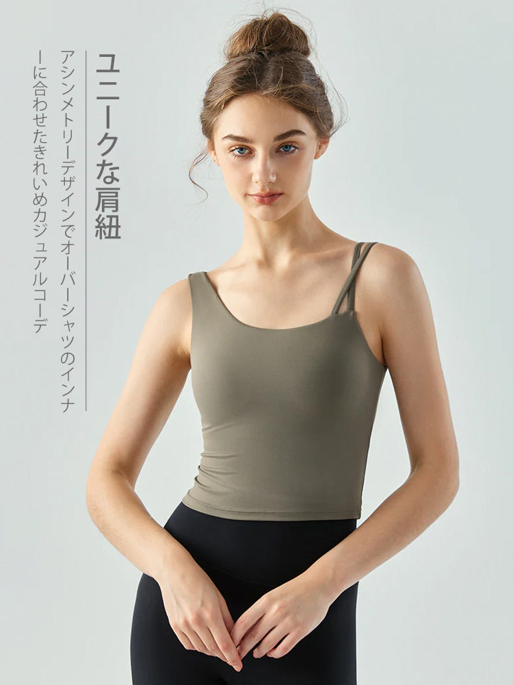 Yomoment アシンメトリー タンクトップ パッド付き レディース カップ付き ヨガウェア 上品