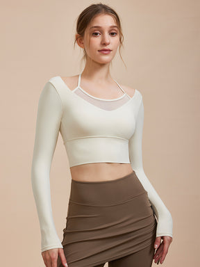 Yomoment メッシュ切り替え フェイクレイヤード ブラトップ 長袖 上品 エレガント 美シルエット パット付き