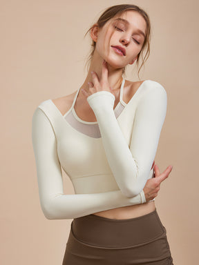 Yomoment メッシュ切り替え フェイクレイヤード ブラトップ 長袖 上品 エレガント 美シルエット パット付き