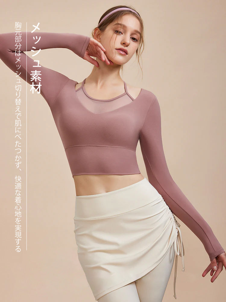 Yomoment メッシュ切り替え フェイクレイヤード ブラトップ 長袖 上品 エレガント 美シルエット パット付き