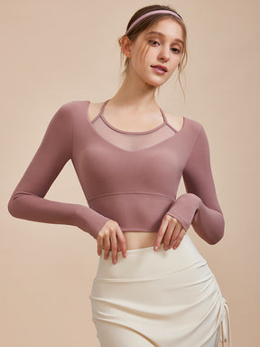 Yomoment メッシュ切り替え フェイクレイヤード ブラトップ 長袖 上品 エレガント 美シルエット パット付き