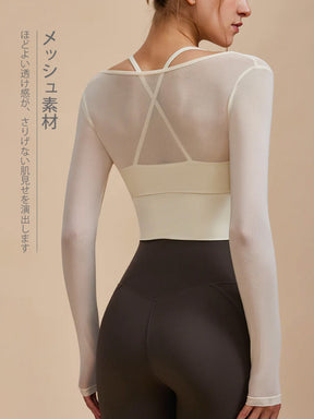 Yomoment ホルターネック 長袖ブラトップ メッシュ切り替え フロントオープン フェイクレイヤード