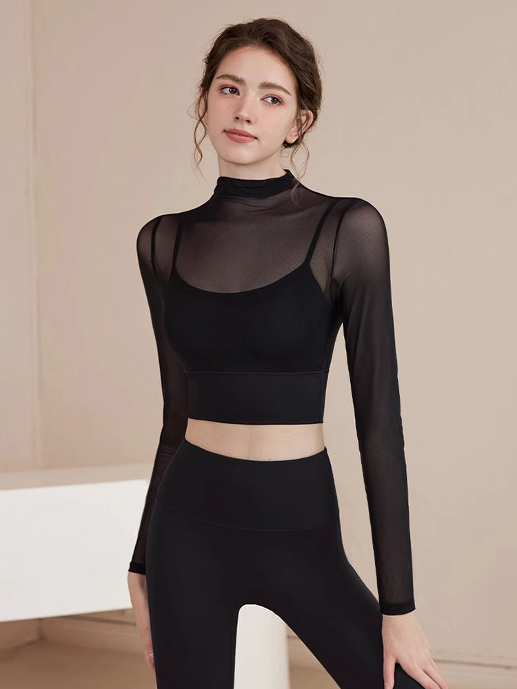 Yomoment オーガンジー レイヤード パッド付き ロングスリーブ シアートップス 上品 透け感 軽やか 通気