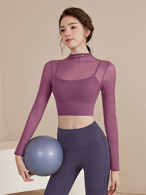 Yomoment オーガンジー レイヤード パッド付き ロングスリーブ シアートップス 上品 透け感 軽やか 通気