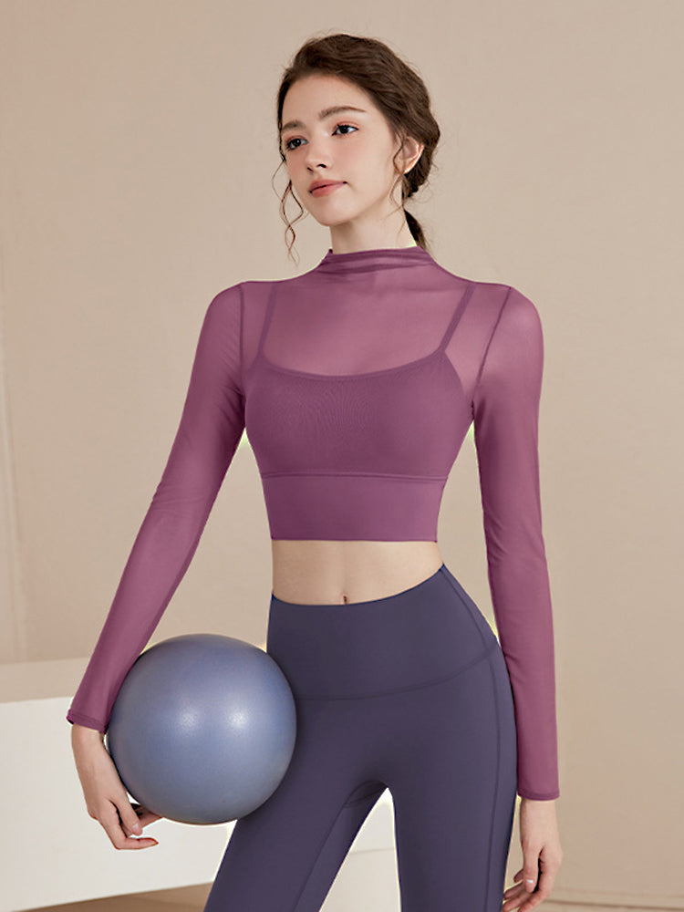 Yomoment オーガンジー レイヤード パッド付き ロングスリーブ シアートップス 上品 透け感 軽やか 通気