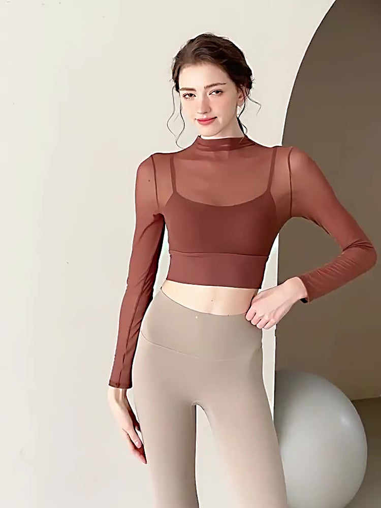 Yomoment オーガンジー レイヤード パッド付き ロングスリーブ シアートップス 上品 透け感 軽やか 通気