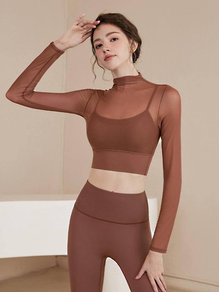 Yomoment オーガンジー レイヤード パッド付き ロングスリーブ シアートップス 上品 透け感 軽やか 通気