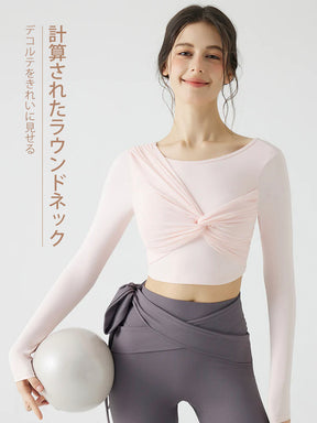 背中見せリボンデザインの長袖カップ付きヨガトップス